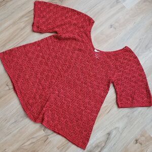 💜Icela Rust Red Vneck Asymmetric Open Knit Short Sleeve Top Medium